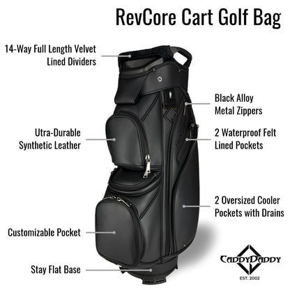 RevCore Lux Golf Cart Bag | 14 Way Velvet Lined Dividers - Matte Black - Club Rehab