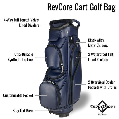 RevCore Lux Golf Cart Bag | 14 Way Velvet Lined Dividers - Dark Navy - Club Rehab