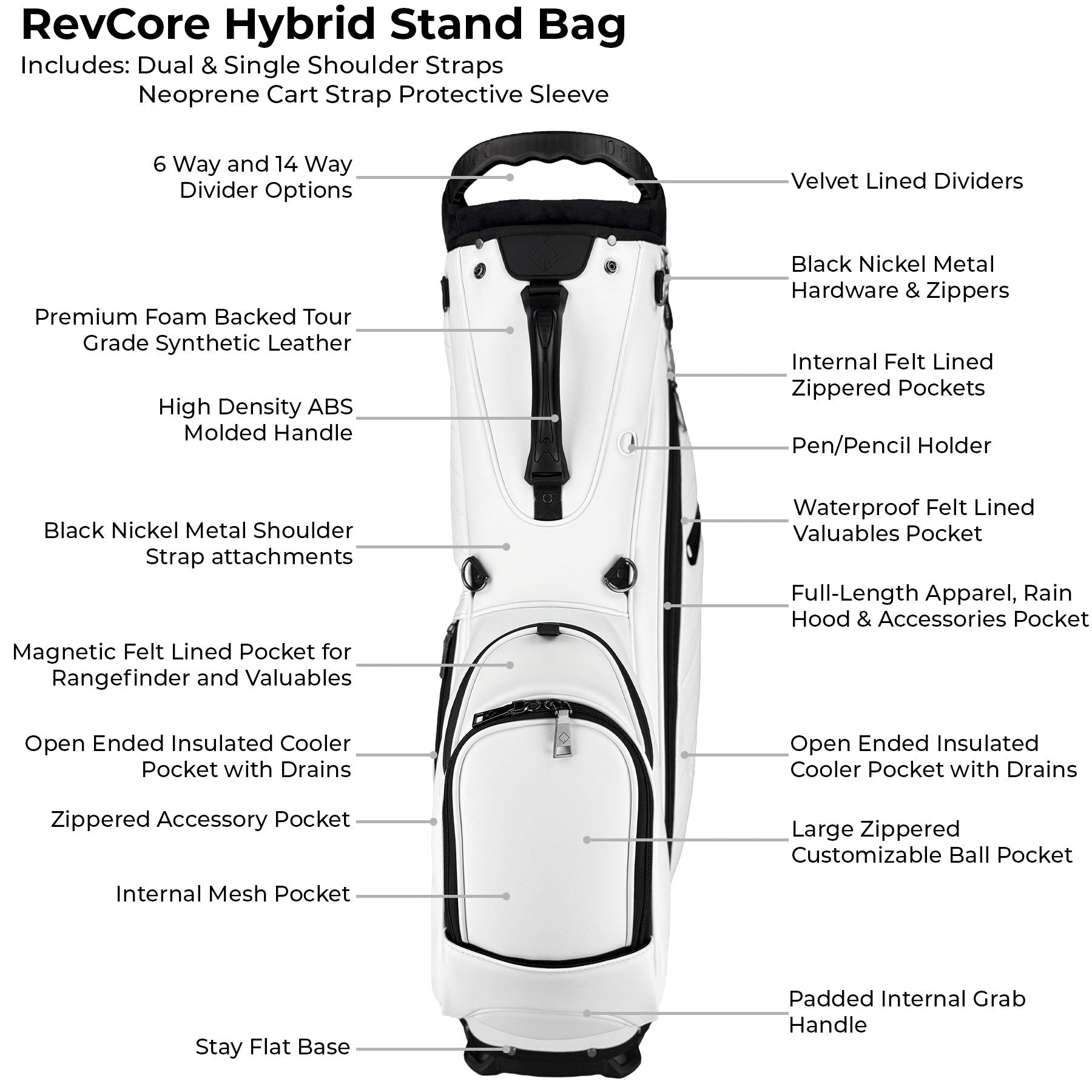 RevCore Lux Golf Hybrid Stand Bag | 6 Way on Sale - Winter White 6 Way Divider - Club Rehab