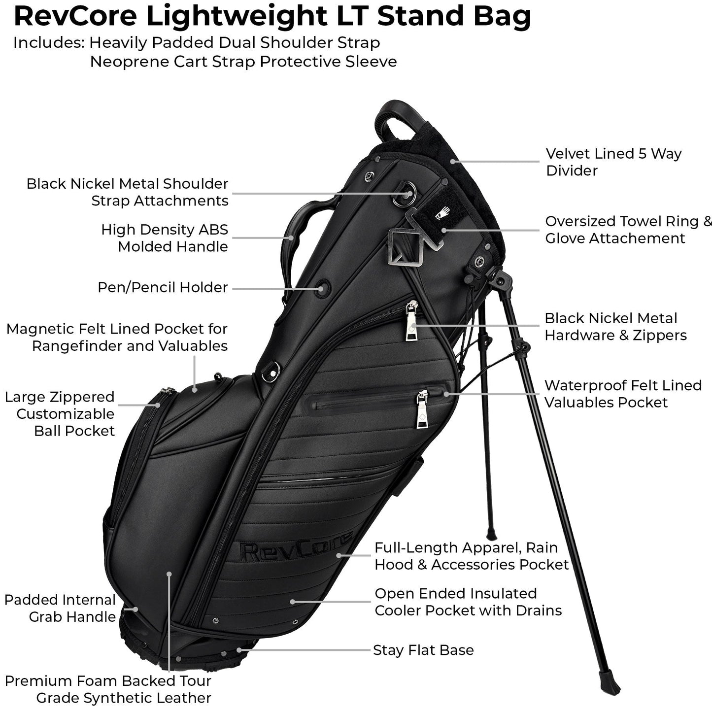 RevCore Lux LT Lightweight Stand Bag | 5 Way Velvet Lined Dividers - Matte Black - Club Rehab