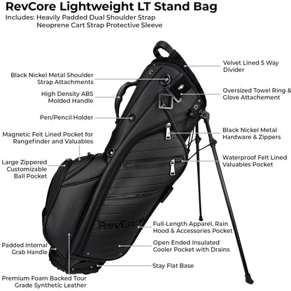 RevCore Lux LT Lightweight Stand Bag | 5 Way Velvet Lined Dividers - Matte Black - Club Rehab