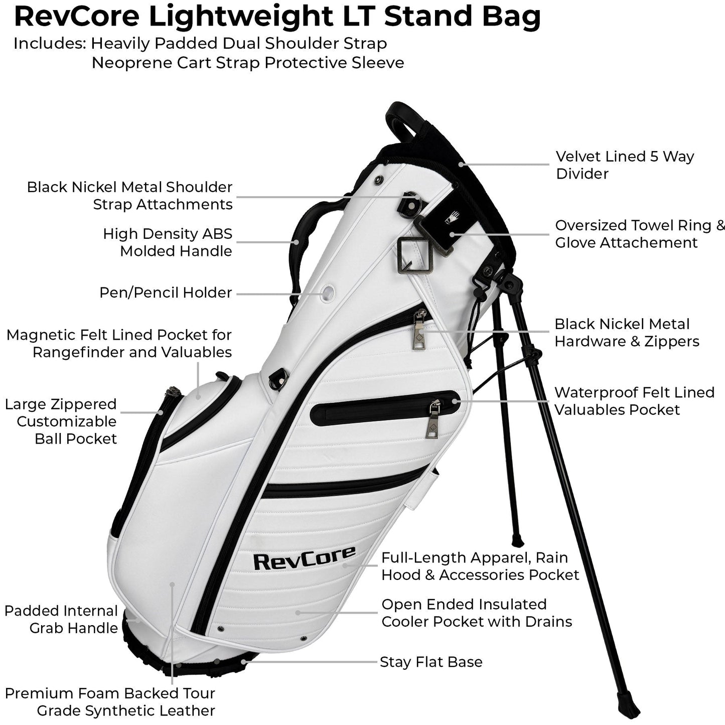 RevCore Lux LT Lightweight Stand Bag | 5 Way Velvet Lined Dividers - Winter White - Club Rehab