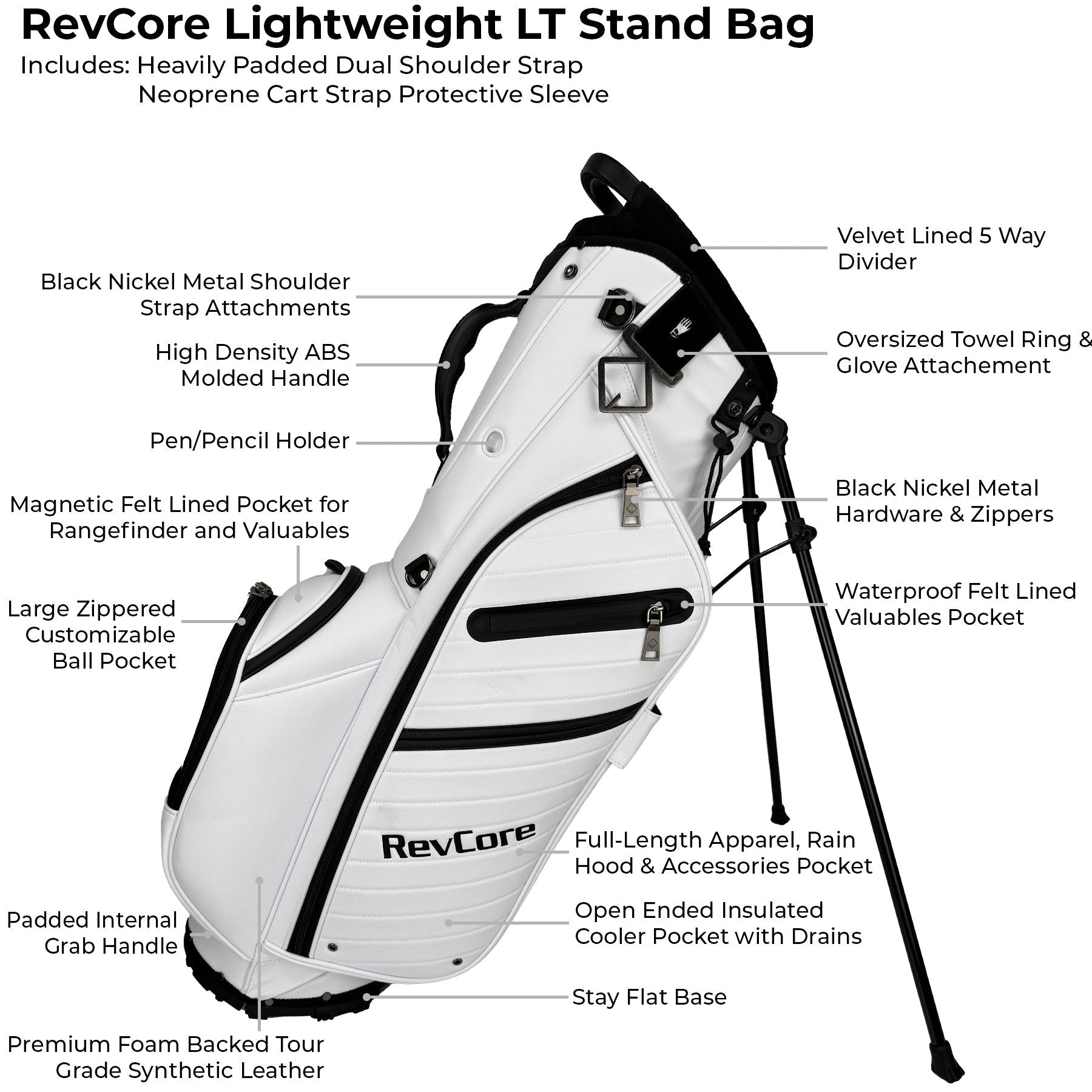 RevCore Lux LT Lightweight Stand Bag | 5 Way Velvet Lined Dividers - Winter White - Club Rehab