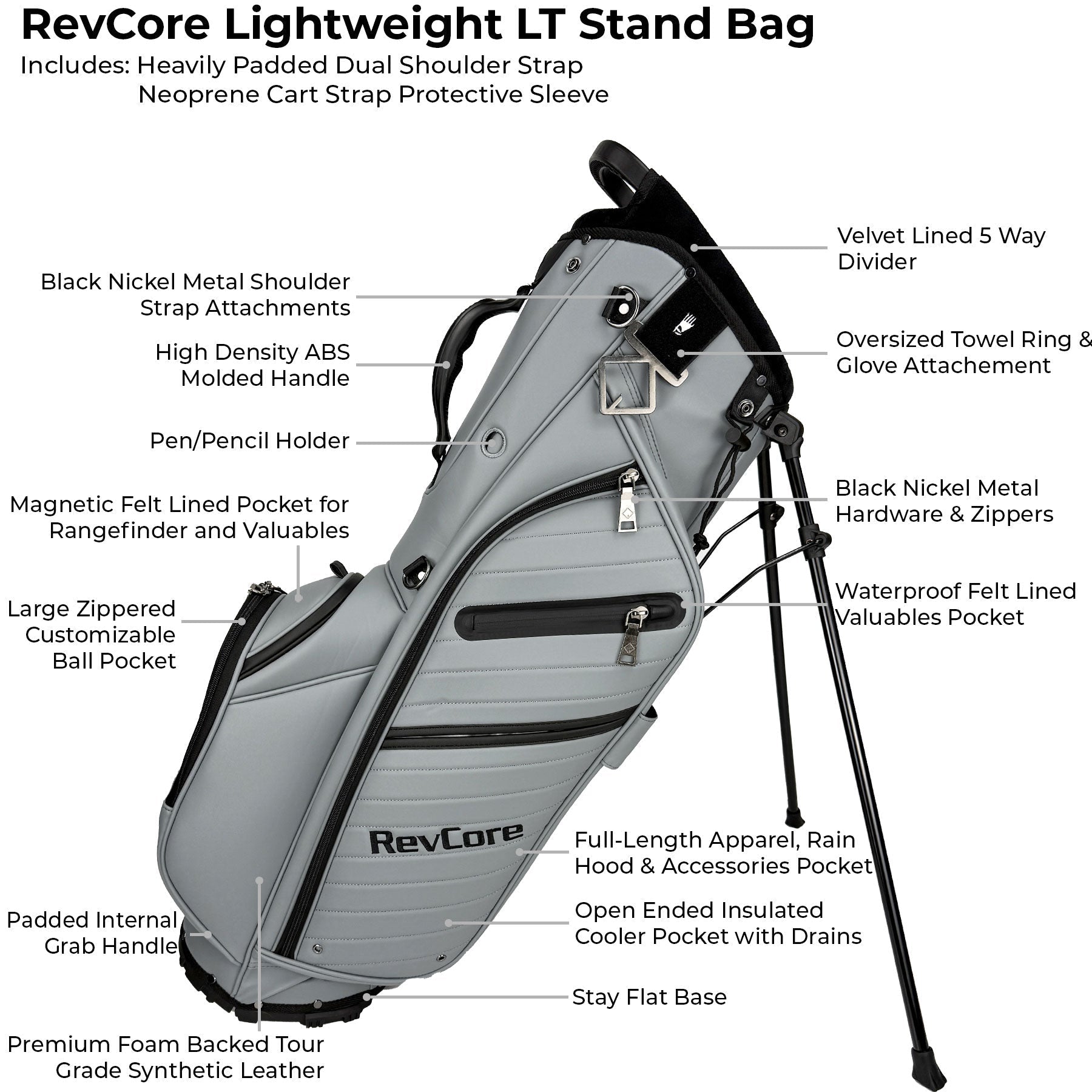 RevCore Lux LT Lightweight Stand Bag | 5 Way Velvet Lined Dividers - Deep Grey - Club Rehab