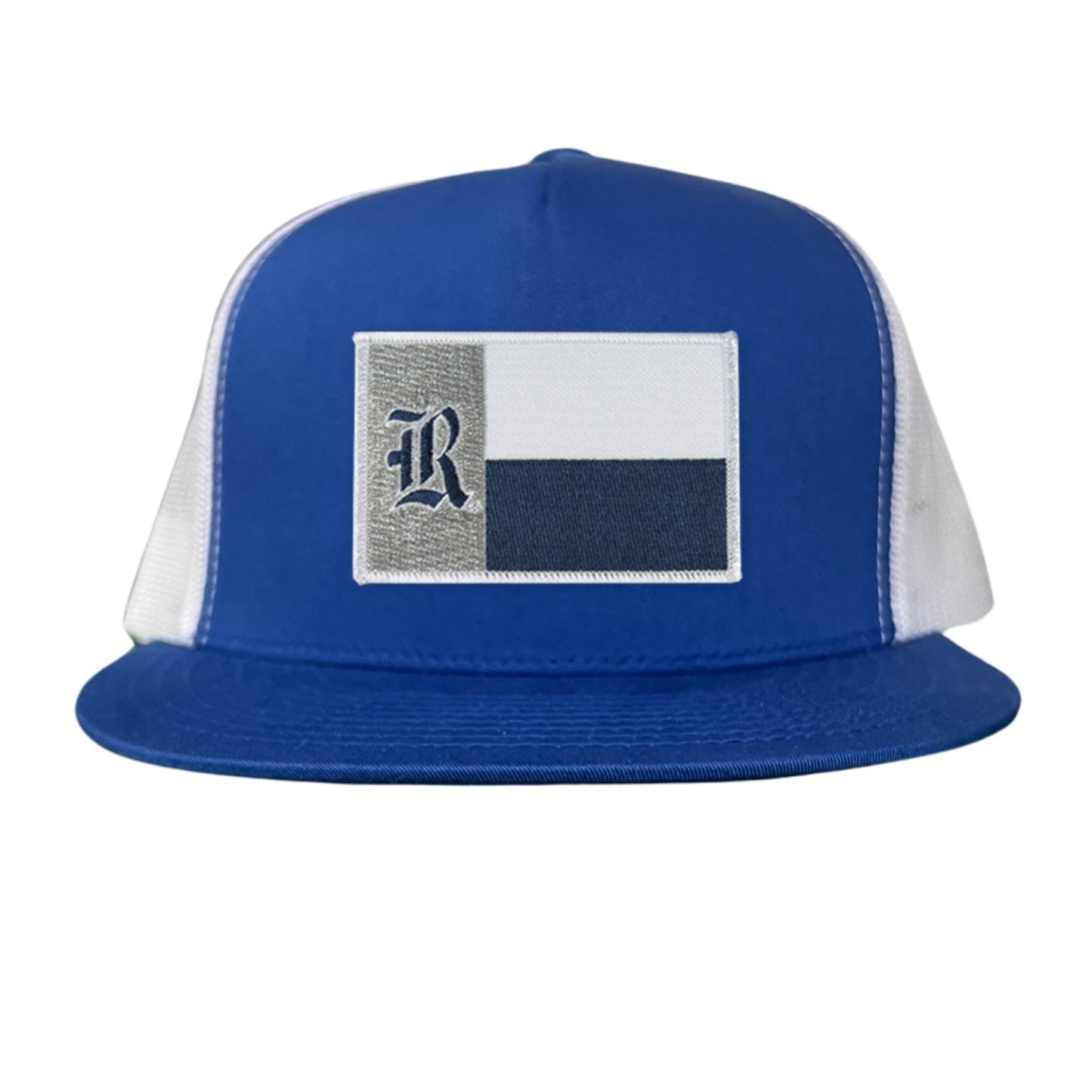 Rice Texas Flag with Logo Hats / 219 / Rice028 / MM - Royal / White Flat Bill Mesh Snapback - Club Rehab