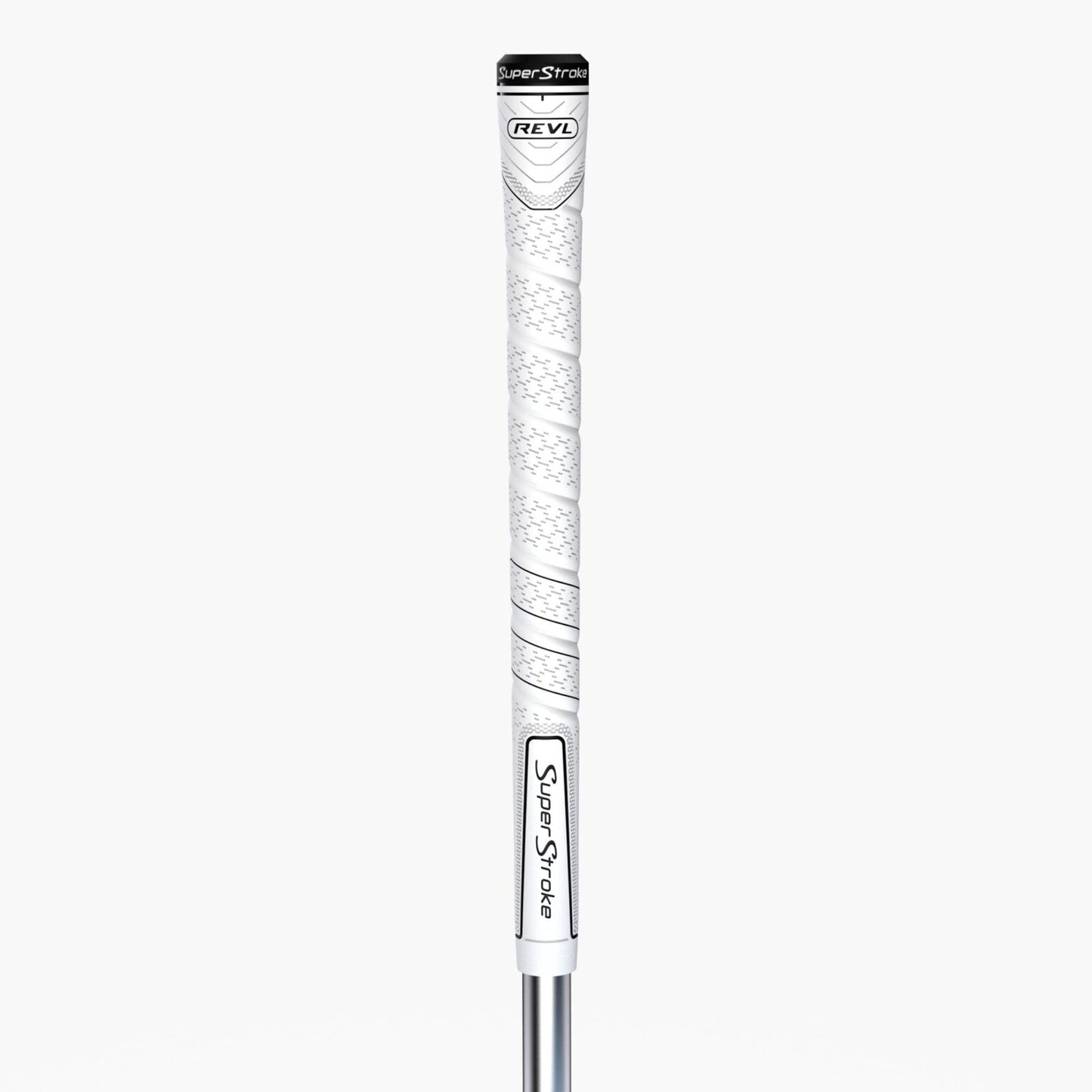 Golf club shaft with 'SuperStroke' and 'REV' branding on a white background