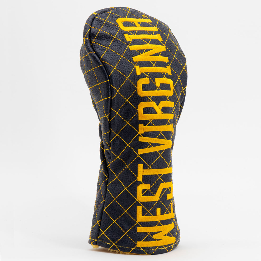 Golf club head cover with 'West Virginia' text on a white background