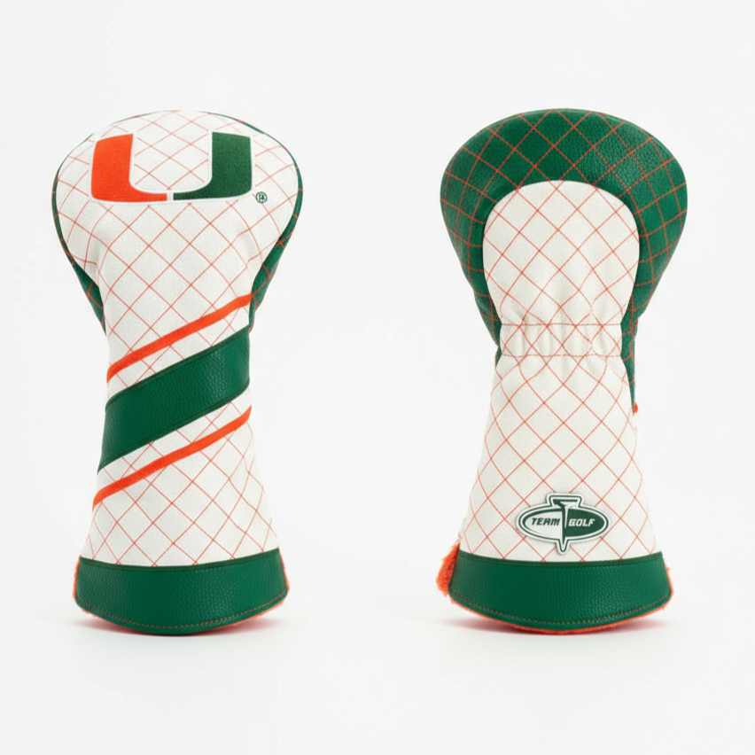 Two golf club head covers with a grid pattern and green accents on a white background