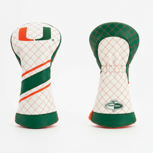 Two golf club head covers with a grid pattern and green accents on a white background