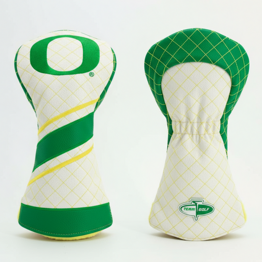 Two golf club head covers with green and white design on a light gray background
