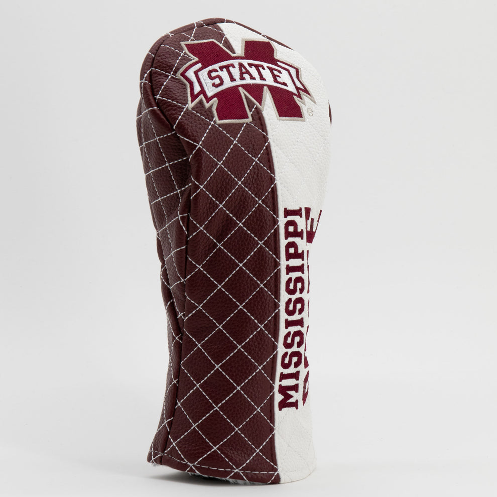Maroon and white golf club head cover with 'Mississippi State' text on a light gray background