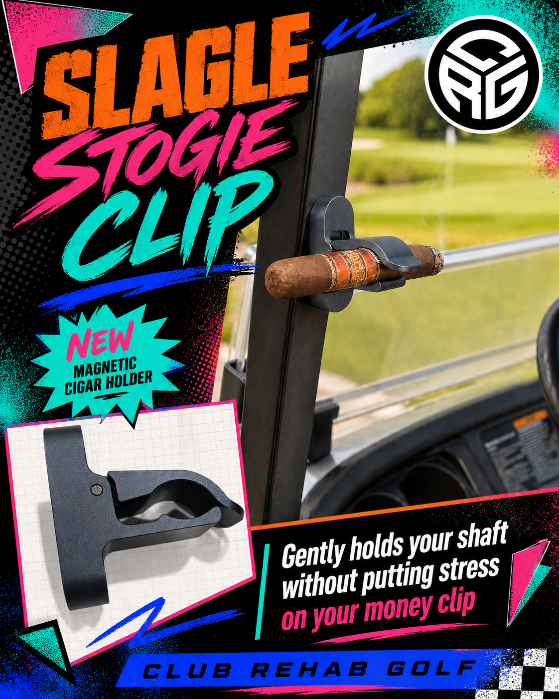 Magnetic cigar holder with colorful text and branding on a car interior background