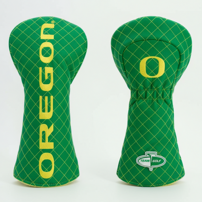 Two green golf club head covers with 'OREGON' and a logo on a white background