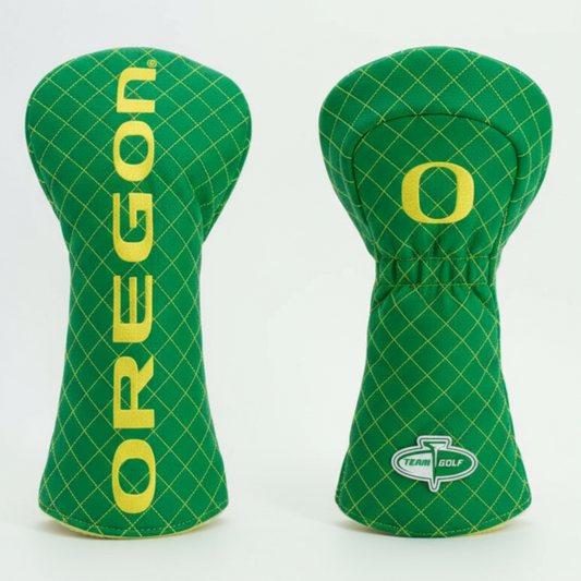 Two green golf club head covers with 'OREGON' and a logo on a white background