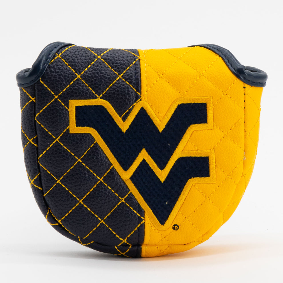 Golf club head cover with a prominent logo on a white background
