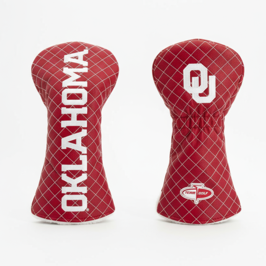 Two red golf club head covers with 'Oklahoma' and a logo on a white background