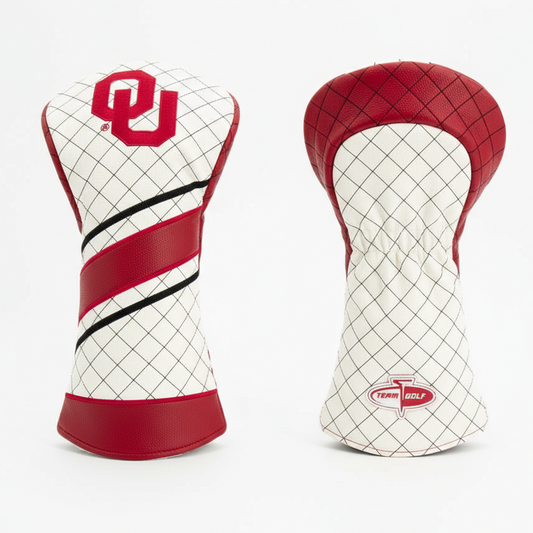 Two golf club head covers with a grid pattern and red accents on a white background