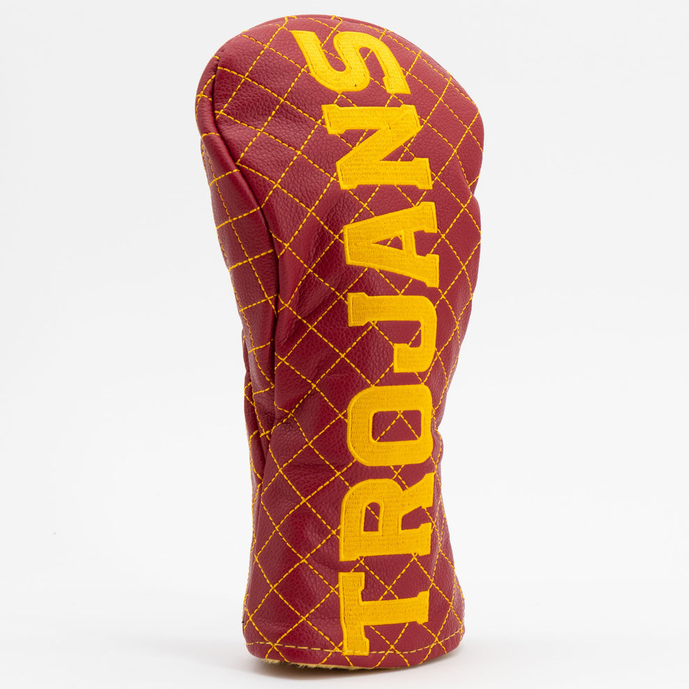 Maroon golf club head cover with yellow 'Trojans' text on a white background