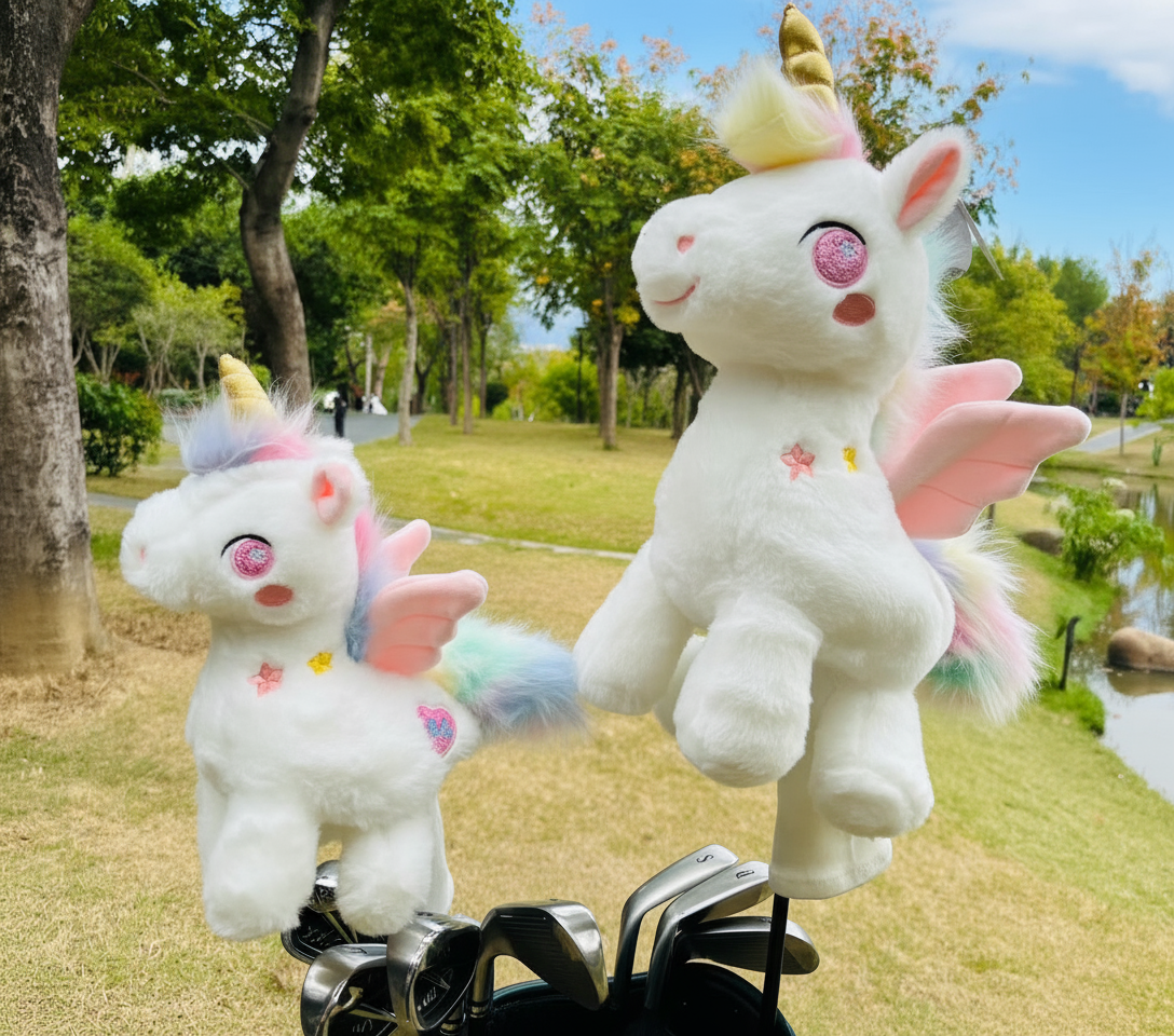 Two plush unicorn golf club headcovers with golden horns and pastel wings perched on golf club heads in a park