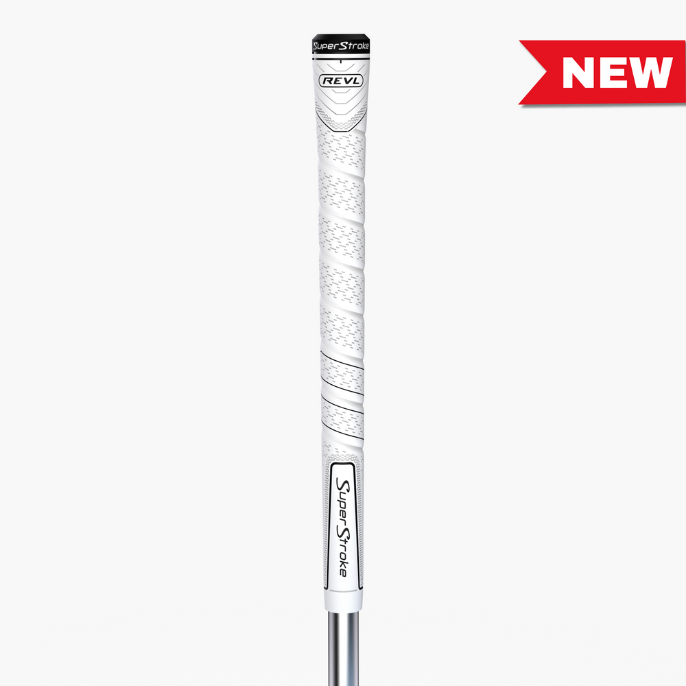 Golf club shaft with SuperStroke and REVL branding on a white background