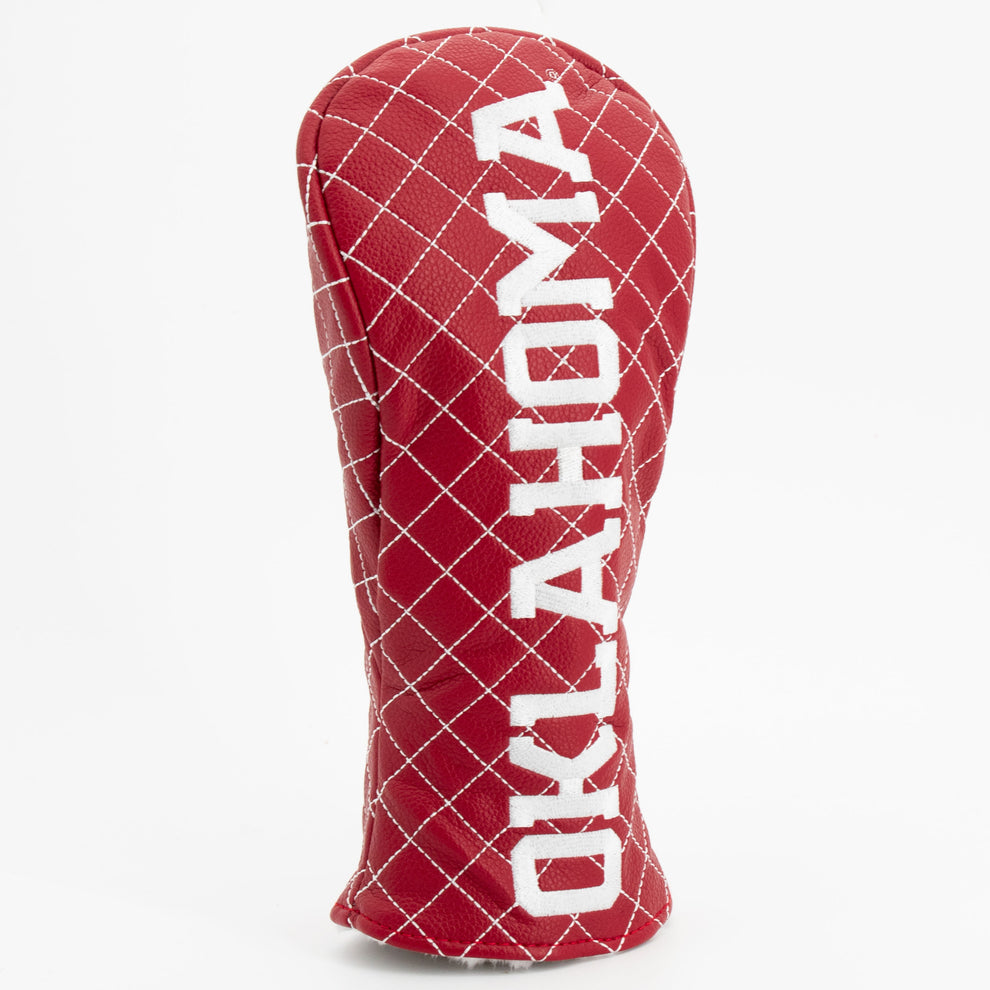Red golf club head cover with 'Oklahoma' text on a white background