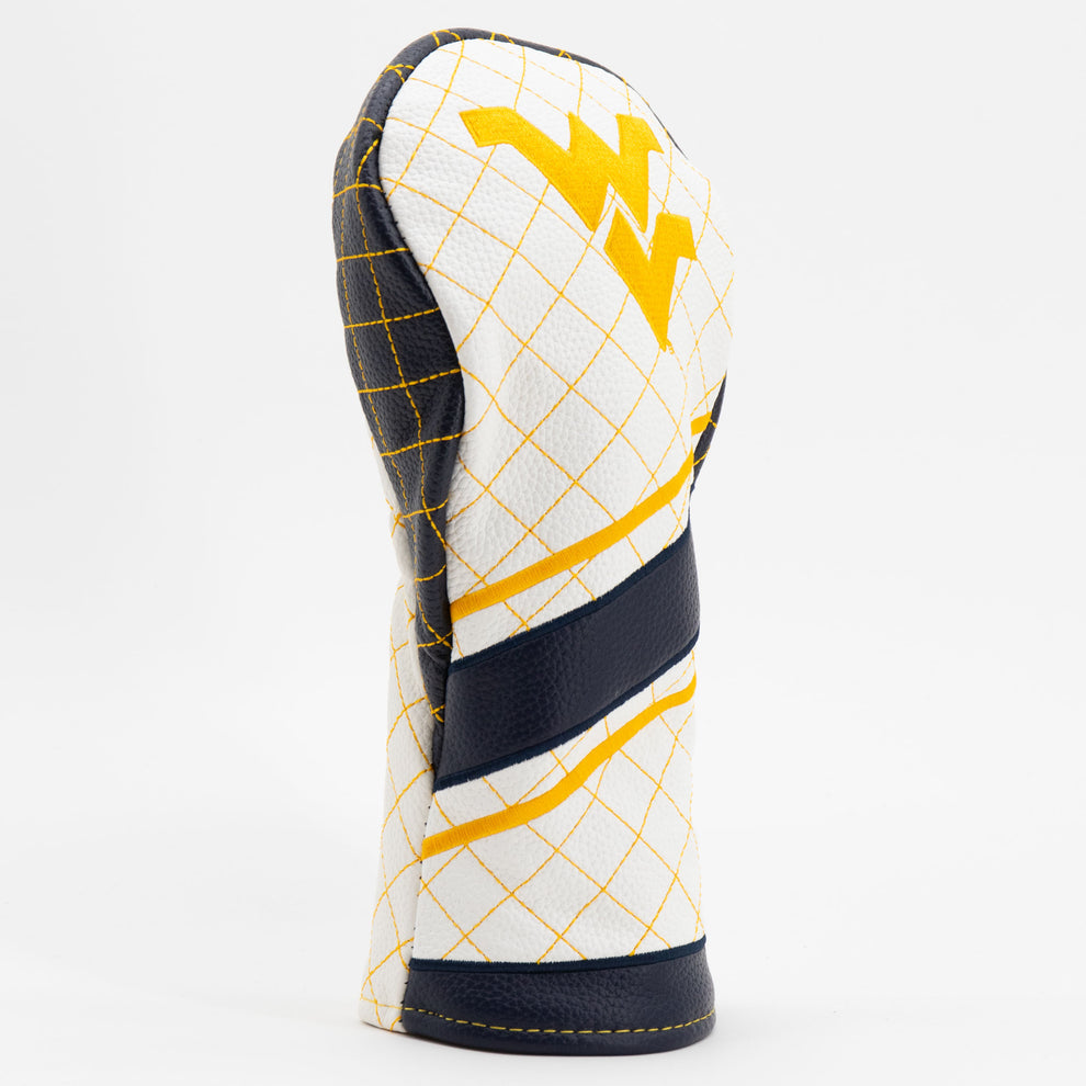 Golf club head cover with white, yellow, and black design on a white background