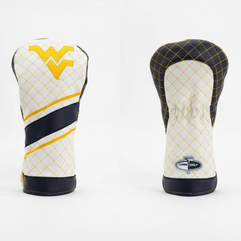 Two golf club head covers with different designs on a white background