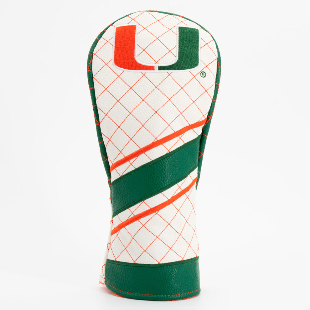 Golf club head cover with grid pattern and green and orange accents on a white background