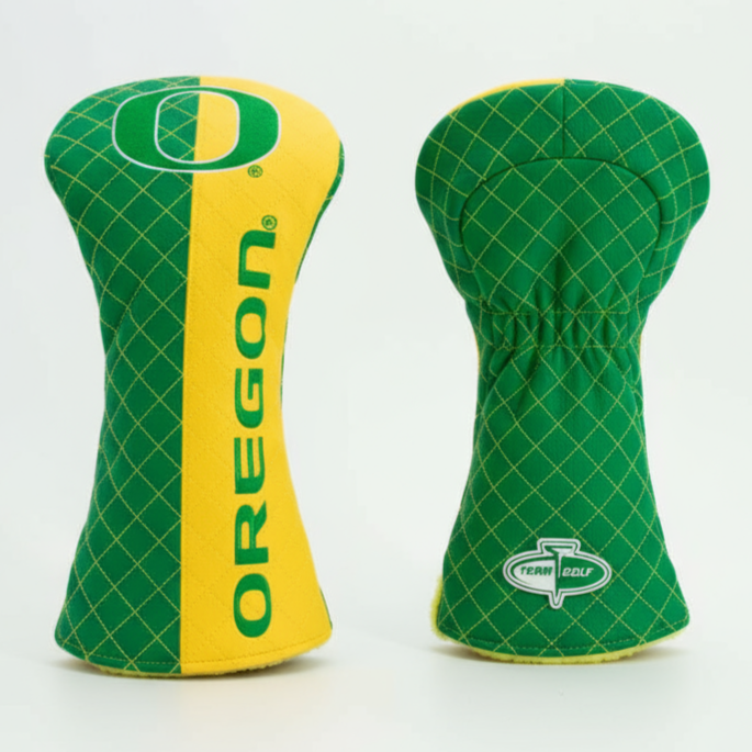 Two golf club head covers, one green and yellow with 'Oregon' branding, the other green with a logo on a white background.