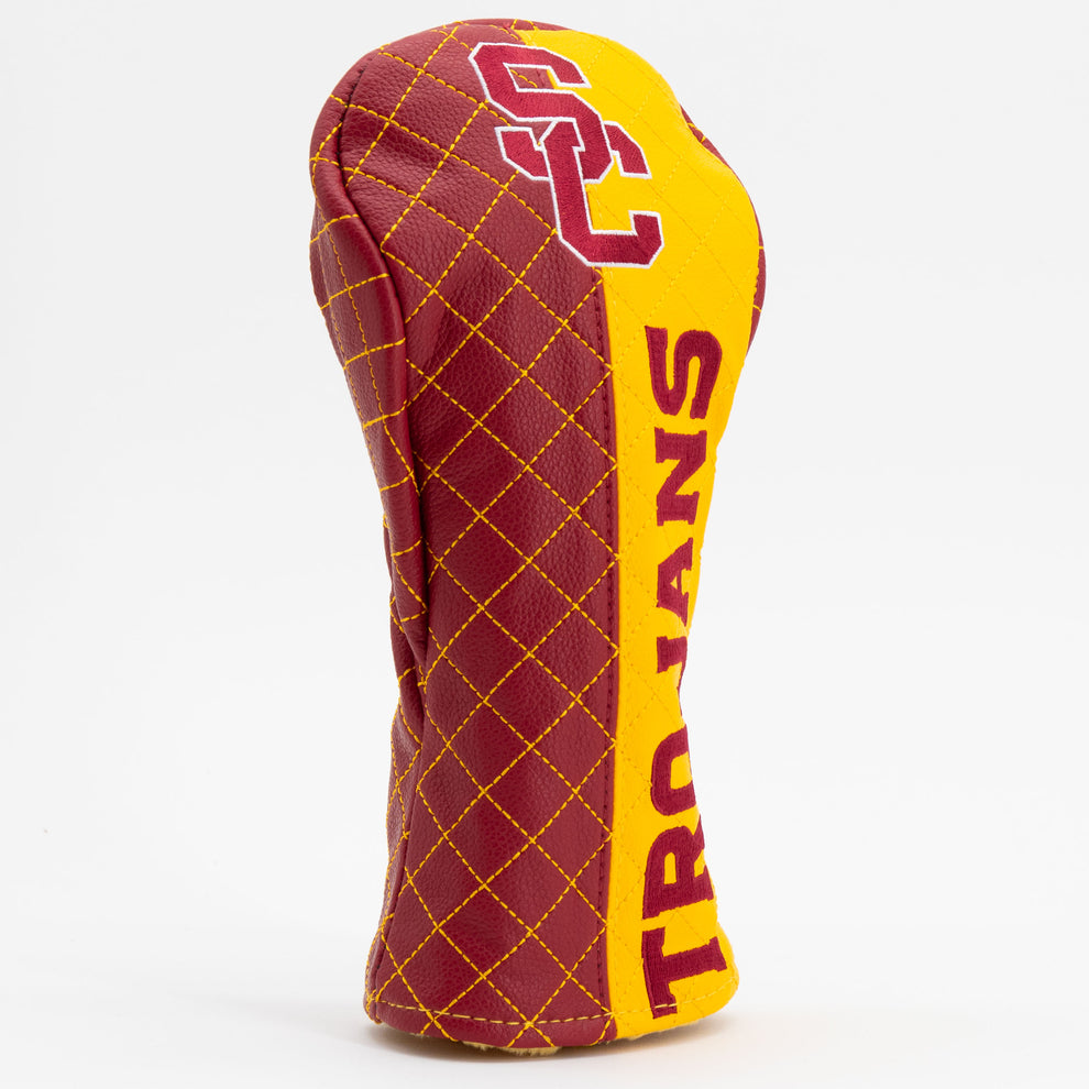 Maroon and yellow golf club head cover with 'Trojans' branding on a white background
