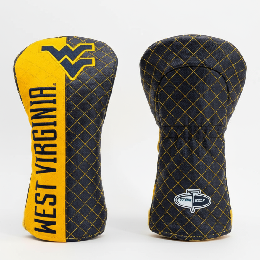Two golf club covers, one with 'West Virginia' text and logo, the other with a diamond pattern and 'Team Golf' logo, on a white background.