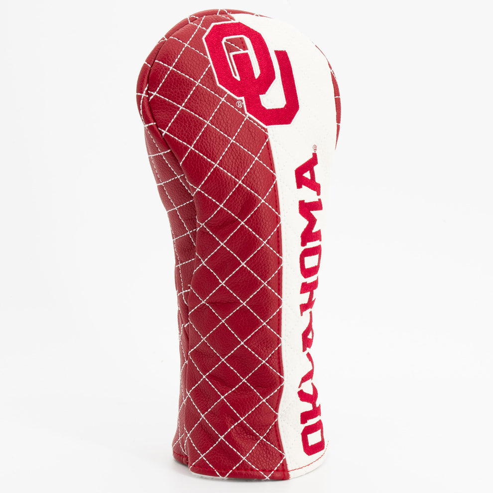 Red and white golf club head cover with 'OU' branding on a white background