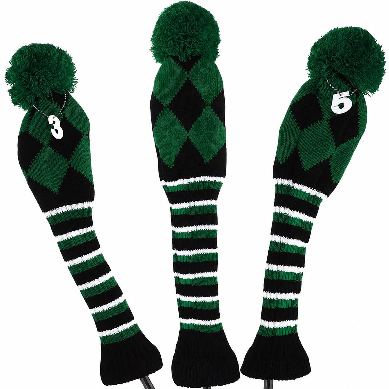 Vintage Vibe Golf Club Headcovers Set – 3pcs Knitted Pom Pom Sock Covers for Drivers and Fairway Woods