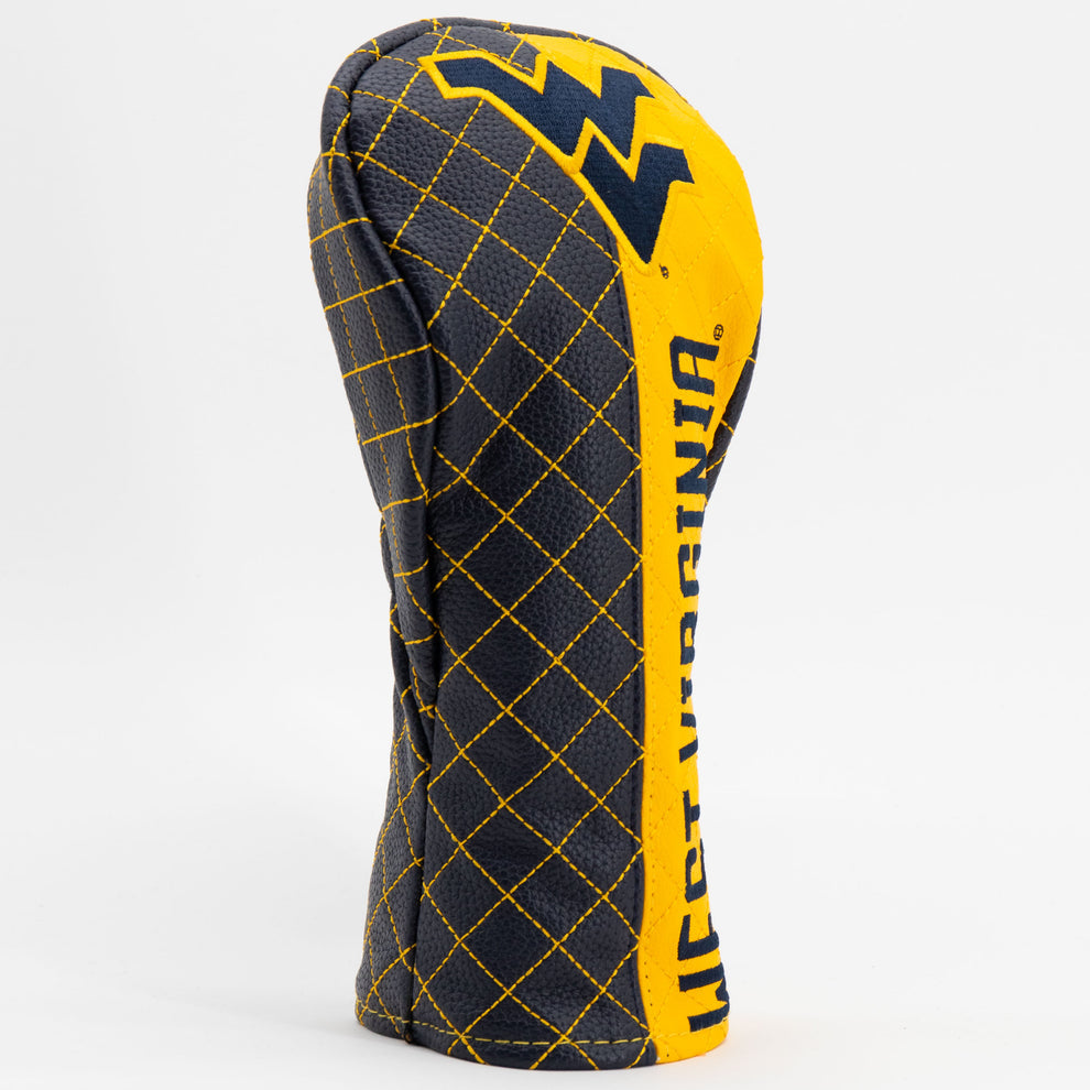Golf club head cover with West Virginia University logo on a white background