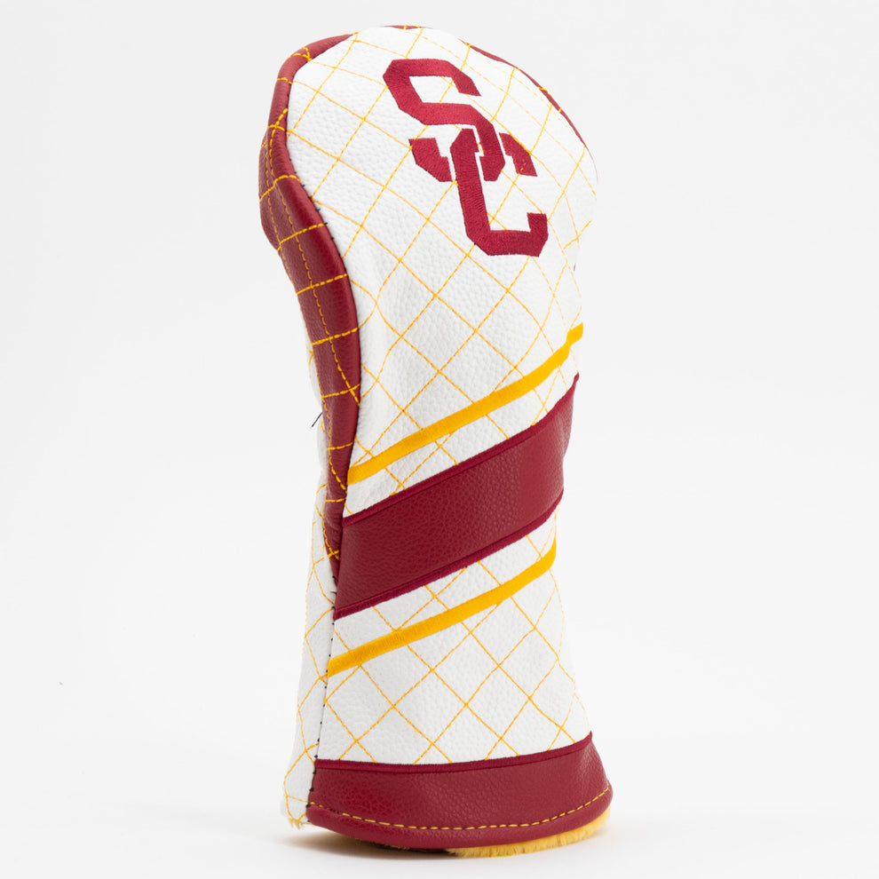 Golf club head cover with USC logo on a white background