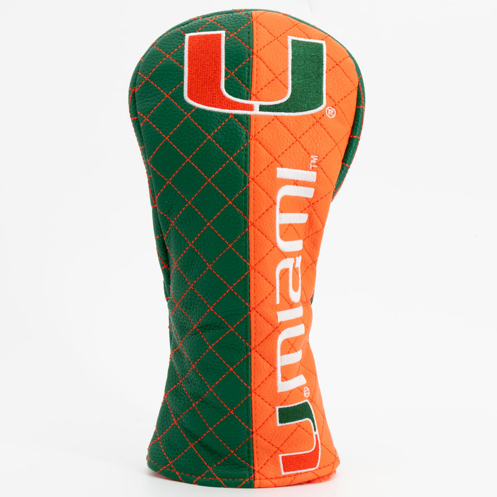 Golf club head cover with green and orange design featuring 'Miami' logo on a white background