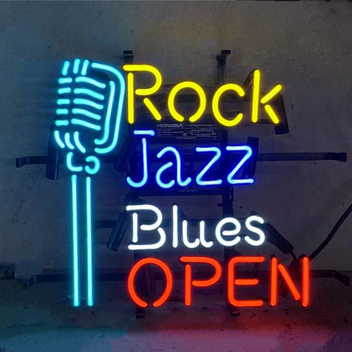 Rock Jazz Blues Open with Microphone Neon Sign Light - Club Rehab