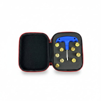 Golf ball marker tool set with blue handle and gold buttons in a black case on a white background.