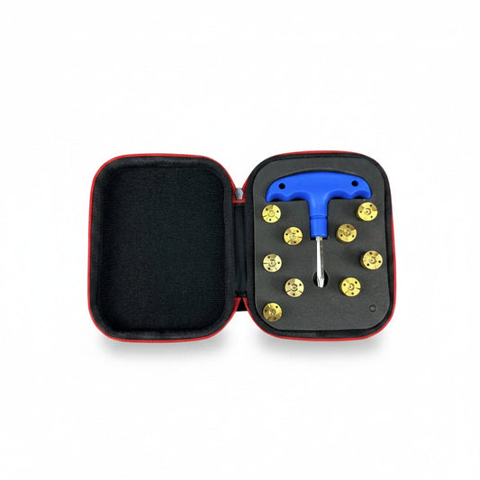 Golf ball marker tool set with blue handle and gold buttons in a black case on a white background.