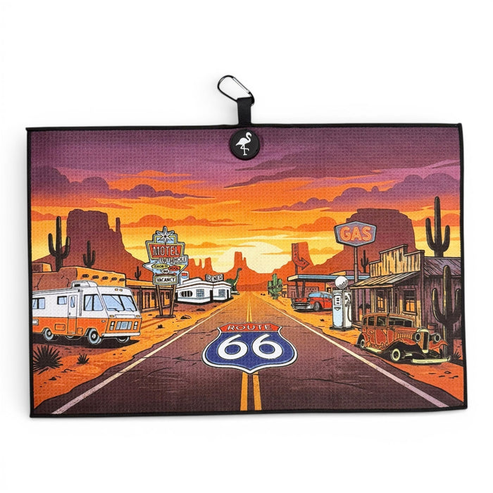 Route 66 Golf Towel | Premium Double - Sided Microfiber | Heavy - Duty Magnetic Towel with Carabiner Clip | 24 x 16 in - Club Rehab