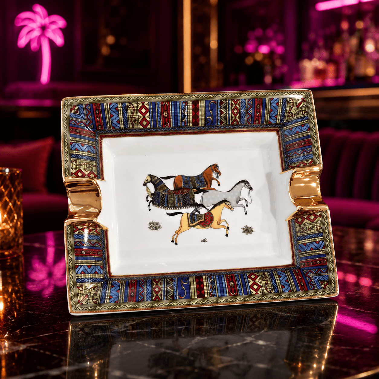 Royal Stable Ceramic Horse Ashtray Collection with Gold Accents - Rectangle White Polo Tray - Club Rehab