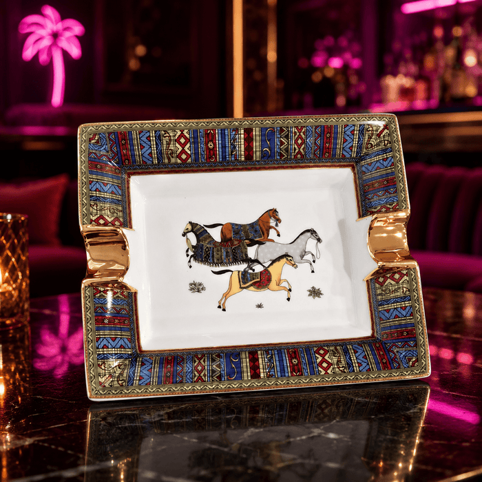 Royal Stable Ceramic Horse Ashtray Collection with Gold Accents - Rectangle White Polo Tray - Club Rehab