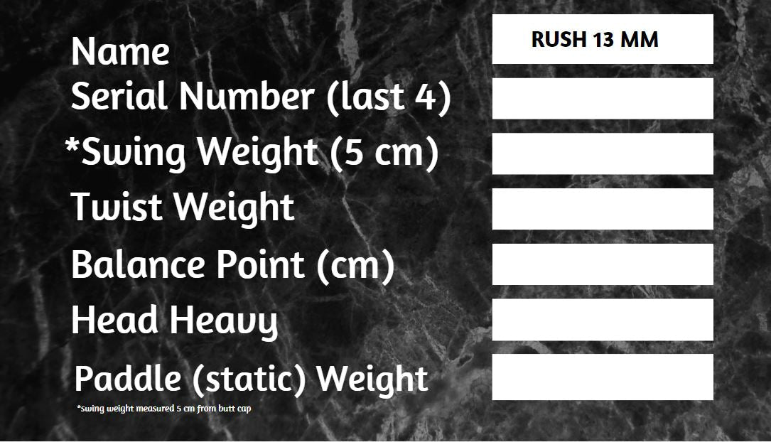 RUSH 13 (PINK) Includes custom weight card, paddle cover, paddle eraser, and lead weights. - 115 (Light) - Club Rehab