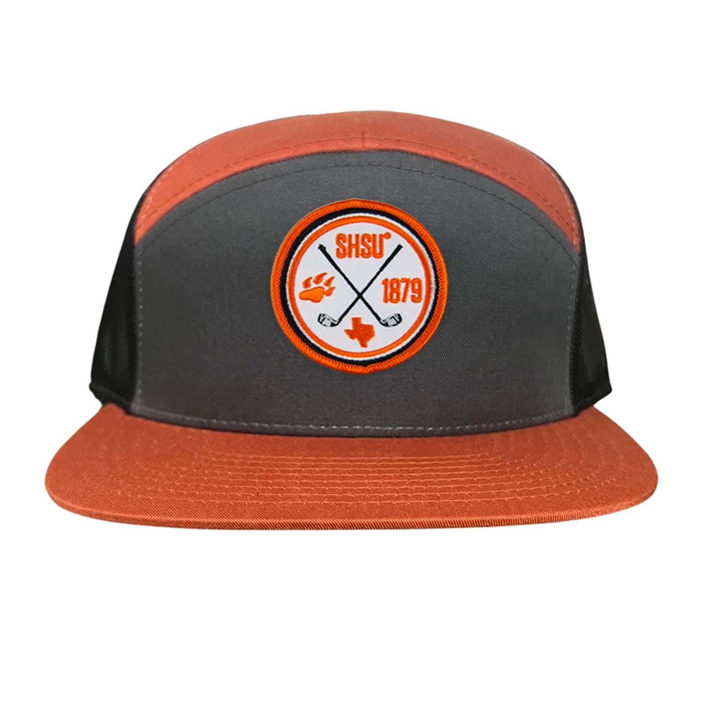 Sam Houston / Golf Circle Patch / Hat / 176 / SH011 / MM - Flat Bill 7 Panel Charcoal / Burnt Orange / Charcoal Mesh Snapback - Club Rehab