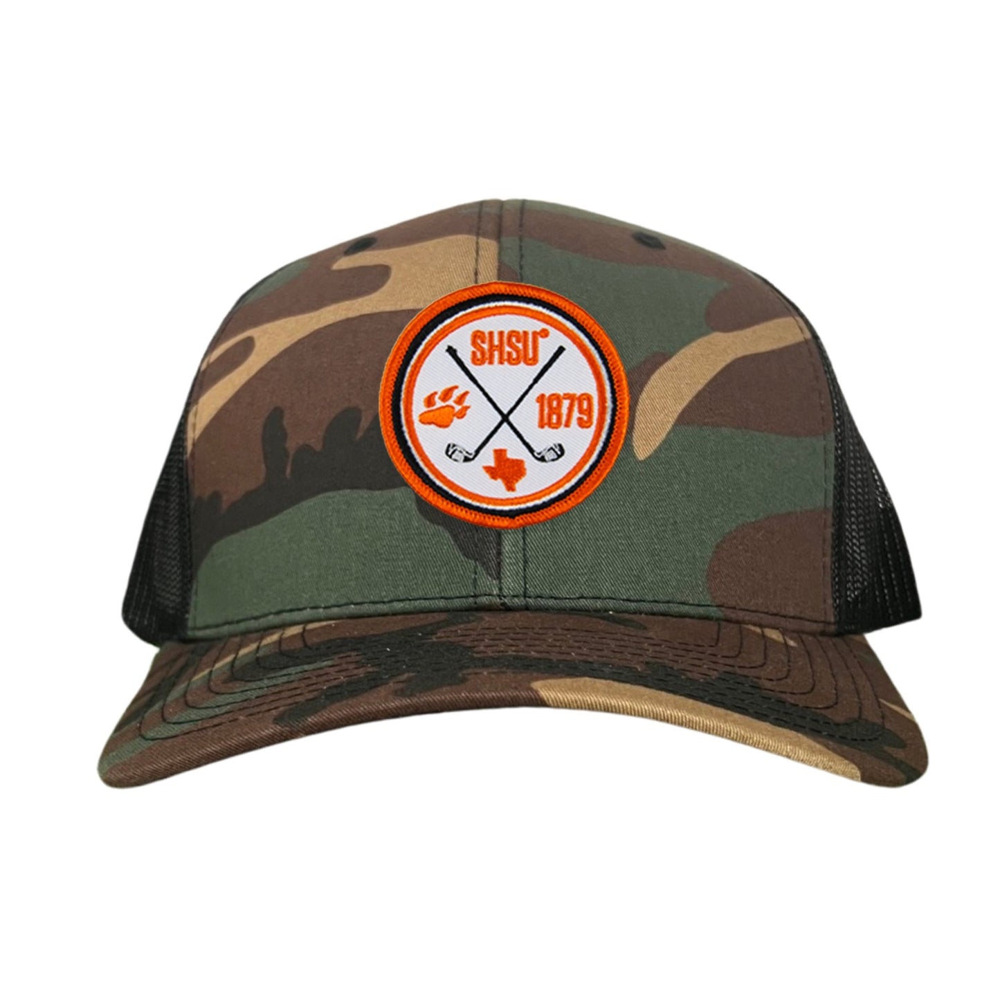 Sam Houston / Golf Circle Patch / Hat / 176 / SH011 / MM - Camo Curved Bill Mesh Snapback - Club Rehab