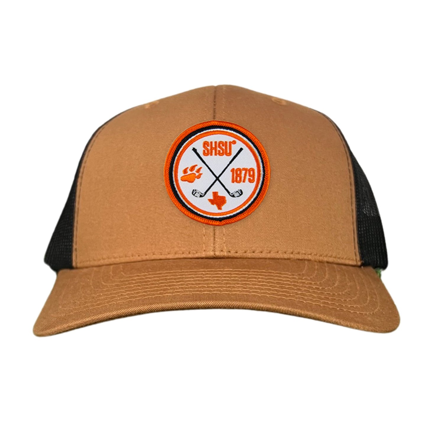Sam Houston / Golf Circle Patch / Hat / 176 / SH011 / MM - Caramel / Black Curved Bill Mesh Snapback - Club Rehab