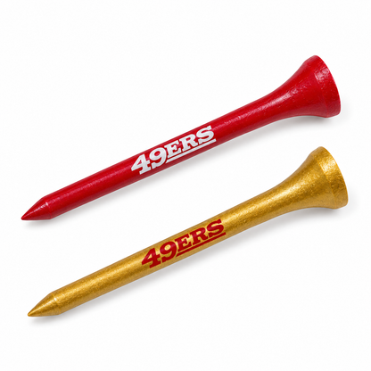 San Francisco 49ers golf tees in red and metallic gold with team lettering.