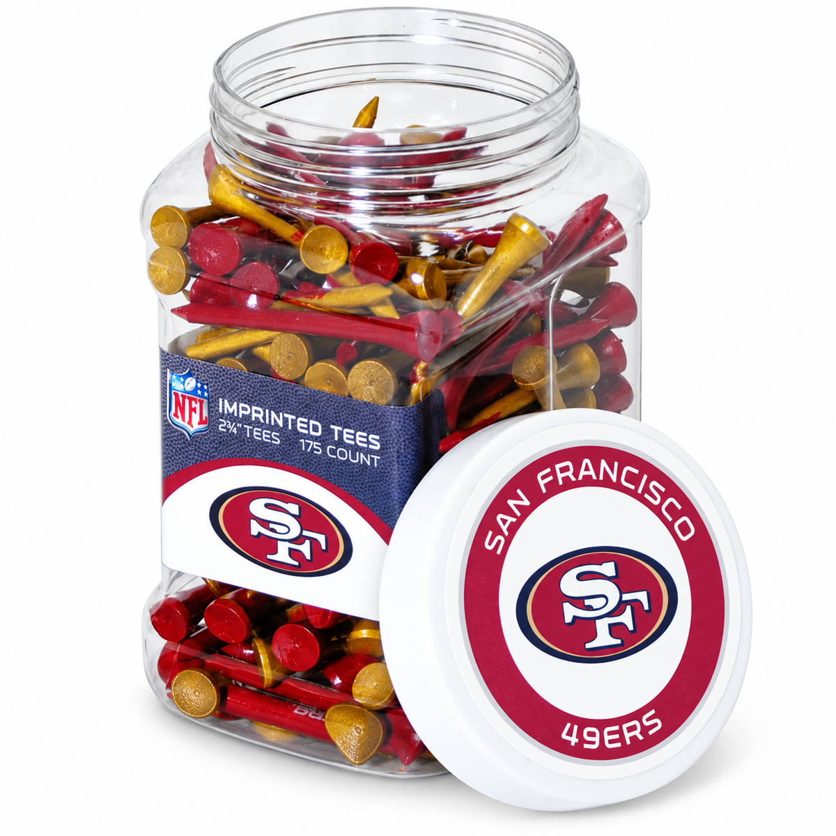 Close-up of the San Francisco 49ers 175-count tee jar and separate lid.