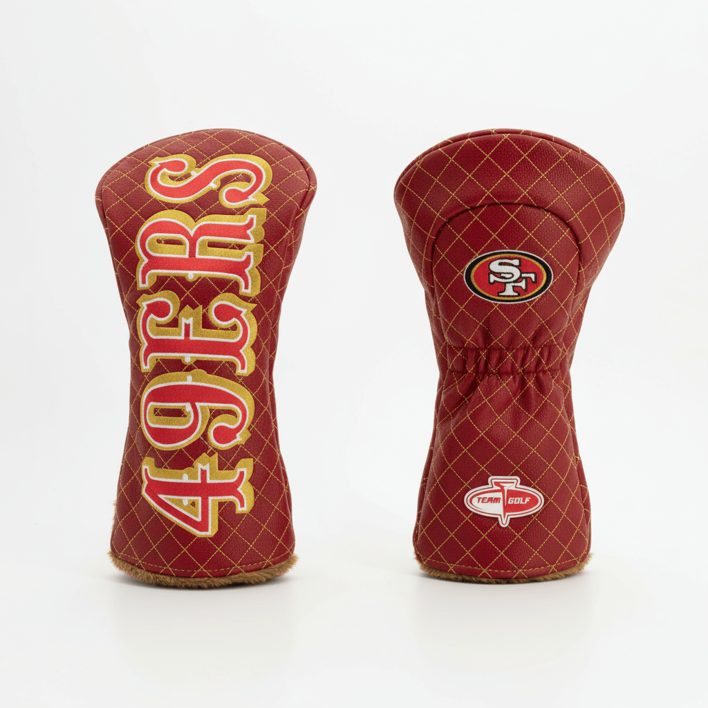 Two red golf club heads with '49ers' branding on a white background