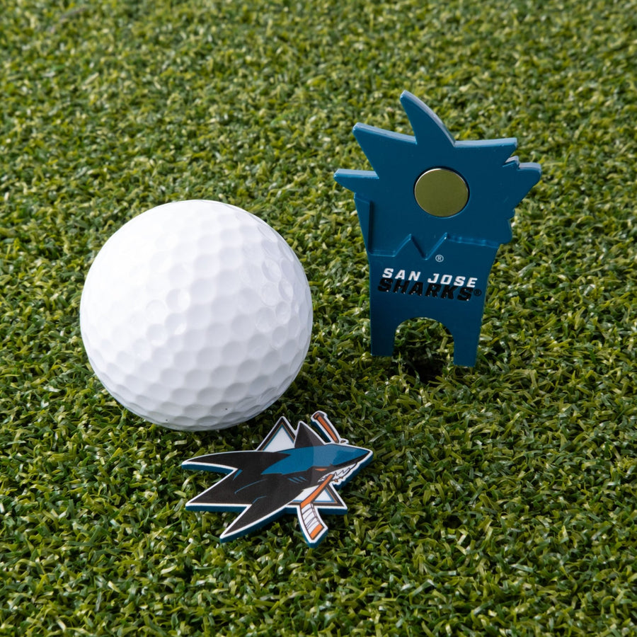 San Jose Sharks tool and its logo-shaped marker on the green